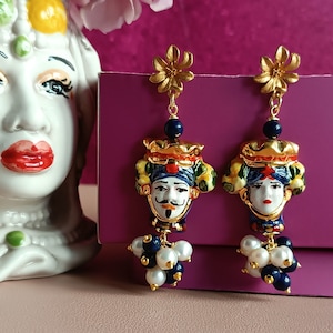 Sicilian Earrings with Ceramic Moors and colourful stones