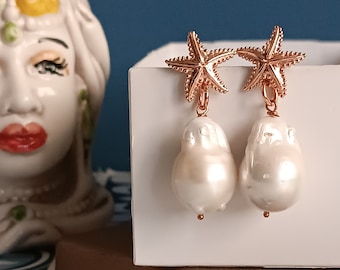 Boucles d'oreilles de mariée en argent sterling 925 plaqué or rose avec perles baroques