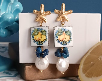 Sicily ceramic tile earrings with Baroque Pearls