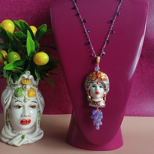 Chain necklace with Amethyst stones and  Sicily Ceramic Moor Head