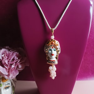 Rope necklace with Sicily Ceramic Moor Head and rose stones
