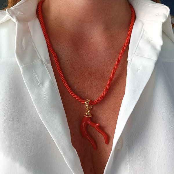 Red rope necklace with red Coral branch