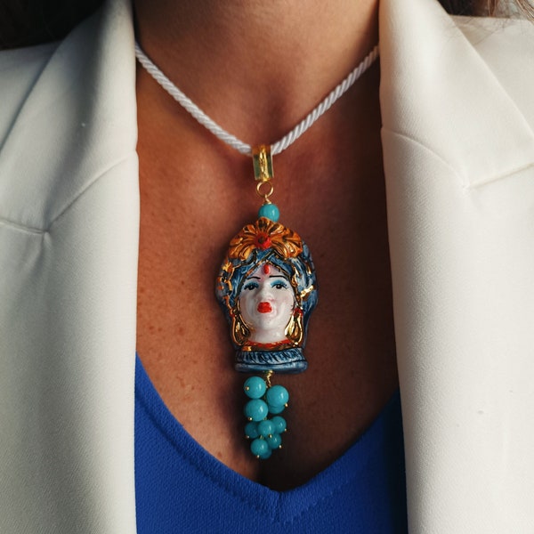 Collana a Corda con Testa di Moro in Ceramica di Caltagirone e Angelite