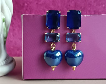 Ceramic heart earrings with blue crystals