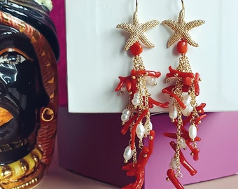 Red branch Coral cluster earrings