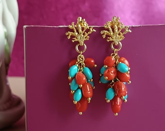 Cluster Earrings with red Coral and Turquoise stones