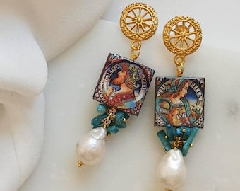 Baroque style tile earrings with baroque Pearl drops