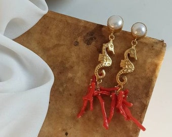 Statement earrings with Brass Seahorses and natural Coral branches