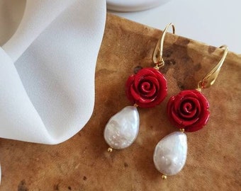 Pearl Drop earrings with Red Roses