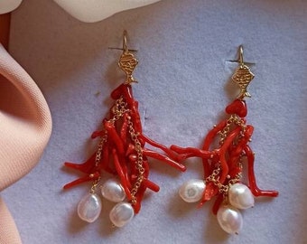 Cluster-Ohrringe aus 925er Silber mit roter Koralle und Zuchtperlen