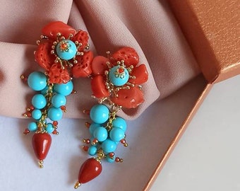 Boucles d'oreilles grappes en pâte de corail rouge et turquoise