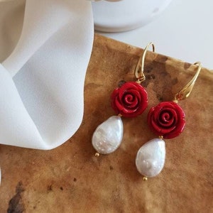 Pearl Drop earrings with Red Roses