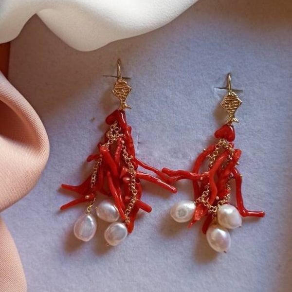 Boucles d'oreilles grappes en argent 925 avec corail rouge et perles de culture