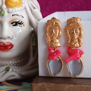 Drop earrings with grey chrysoberyl stones and rose bamboo coral