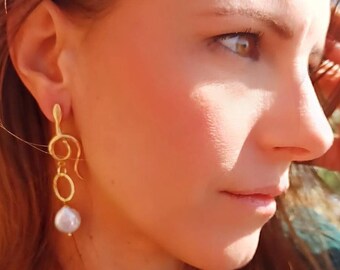 Brass earrings with Baroque Pearls and Snakes