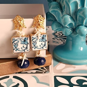 Sicily Ceramic tile earrings with Blue stones