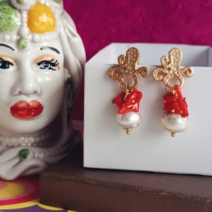 Octopus Earrings with Freshwater Pearls and red bamboo coral