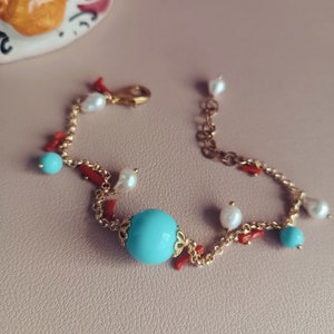 Dainty chain bracelet with red coral branches, Turquoise stones and pearls