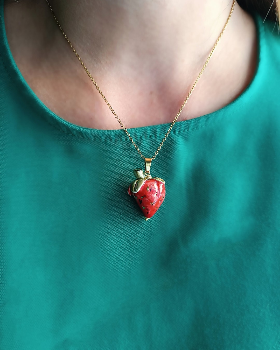 Gold Chain Necklace With Sicily Ceramic Strawberry - Etsy
