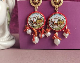 Sicilian earrings with ceramic tiles, red coral and pearls