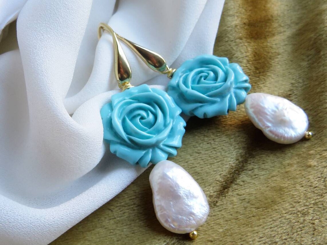 Pearl and Turquoise Flower Drop Earring main image 1