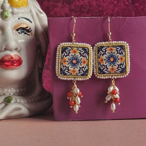 Sicily Ceramic tile earrings with colourful stones