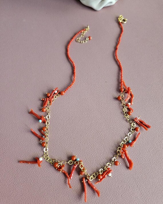 Magnifique Collier Chaîne En Argent Massif 925 - Maille Art Nouveau Avec Corail - Occasion