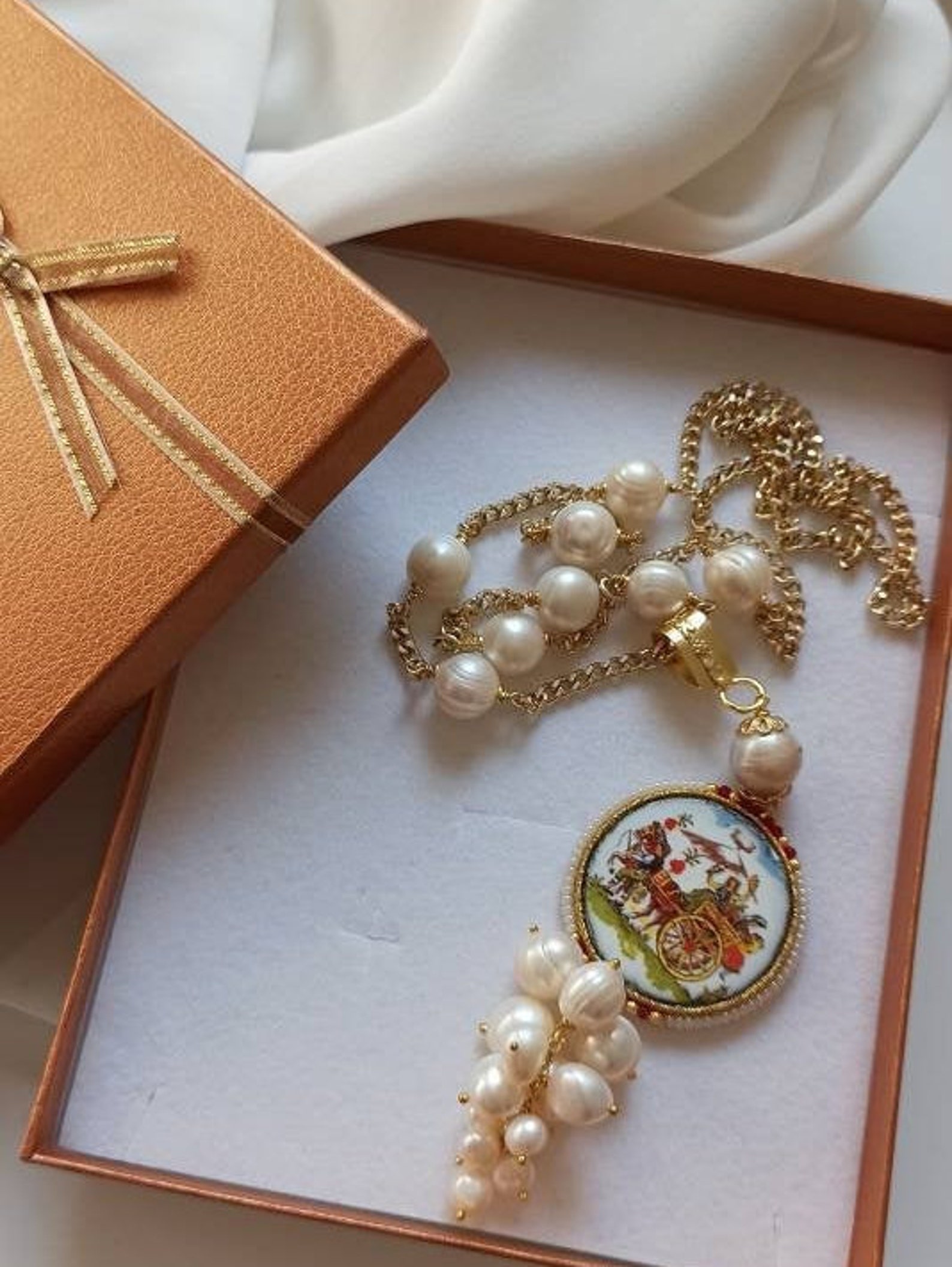 Long Necklace With Gold Chain, Pearls and Sicily Ceramic Tile - Etsy