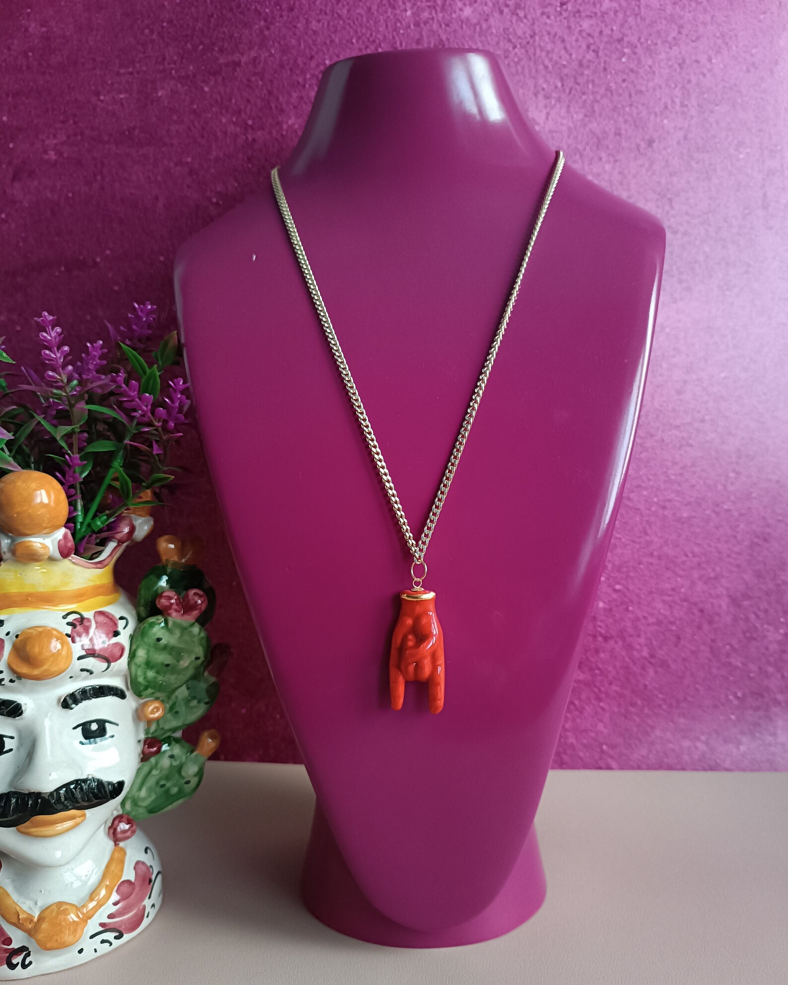 Chain Necklace With Sicily Ceramic Horn Hand - Etsy
