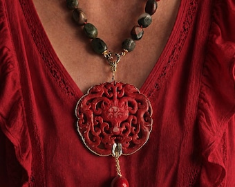 Statement Necklace with Bloody Jasper Stones and red Jade Pendant