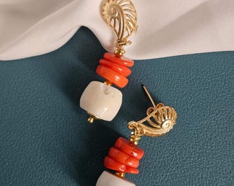 Dangle Earrings Orange and White Bamboo Coral