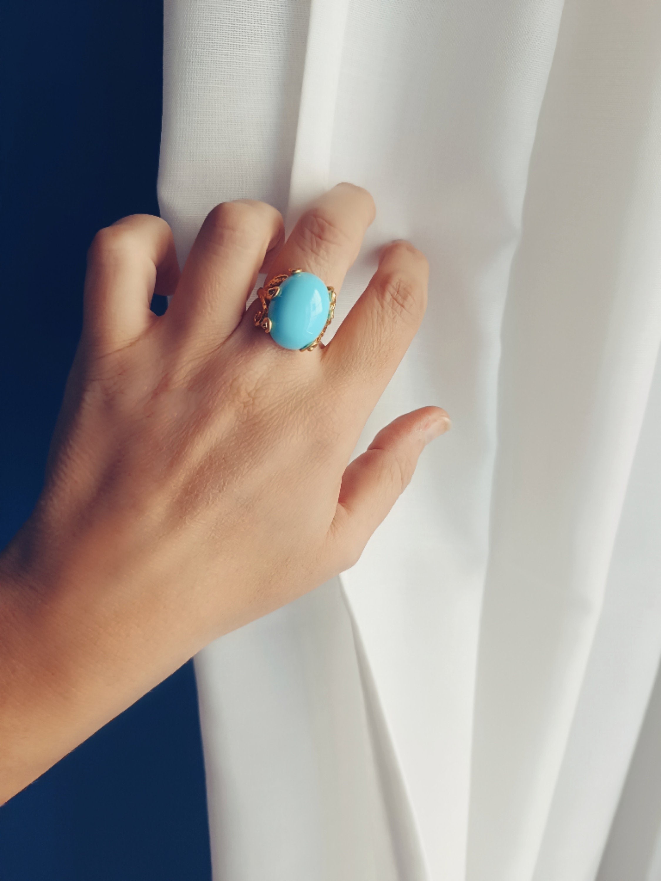 Bague Argent 925 Dorée Avec Turquoise Ovale - Taille 19 - Modèle AGNK 072 Neuf Avec étiquettes