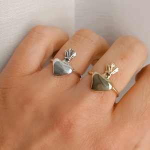 Könnte beinhalten: Zwei silberne Ringe mit herzförmigen Anhängern, die mit einer Krone verziert sind. Ein Ring ist silber, der andere gold.