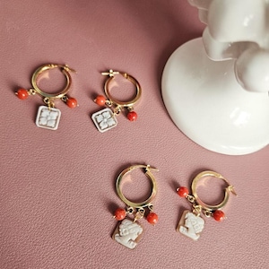 Hoop Earrings with shell cameos and red coral