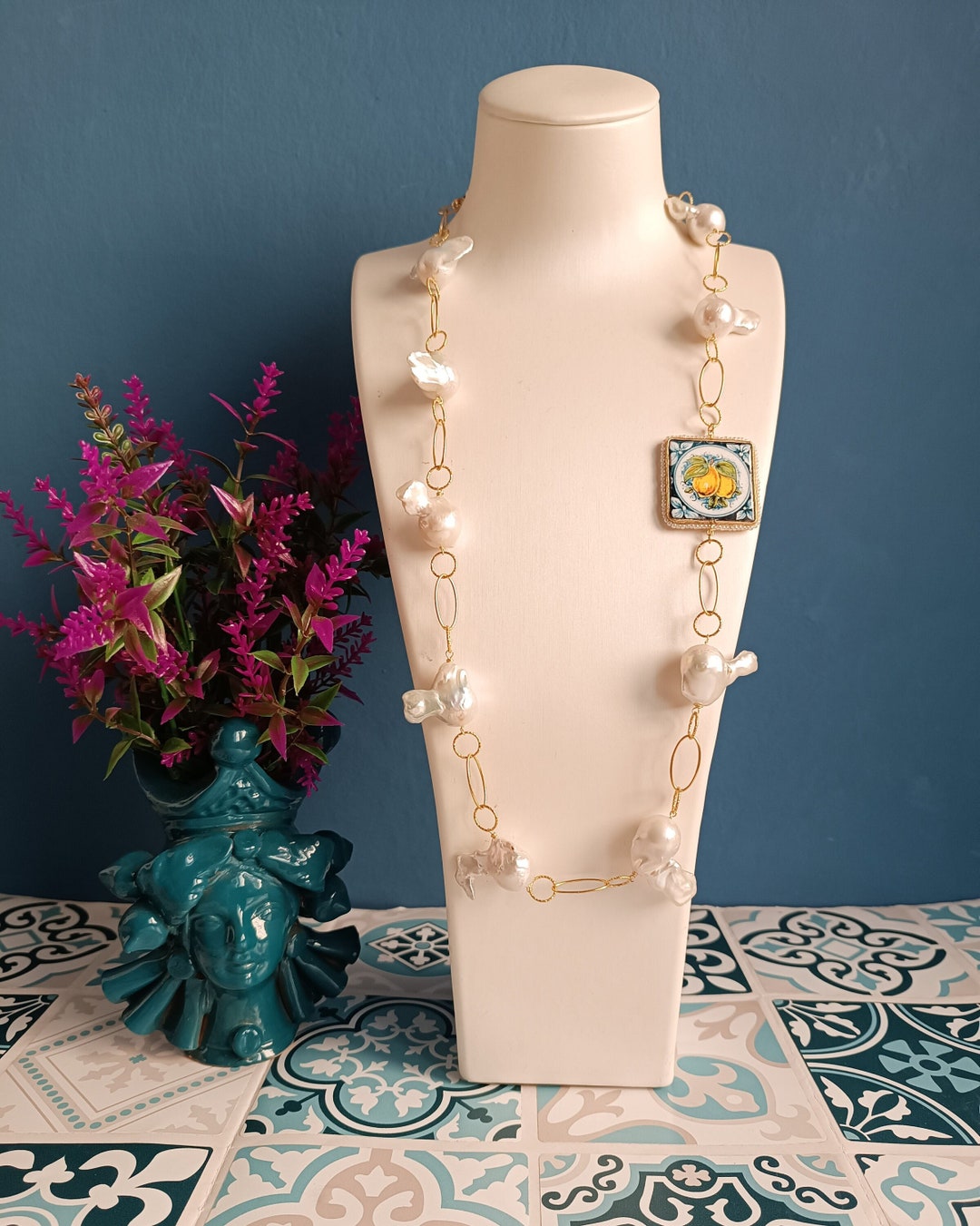Large Chain Necklace With Big Baroque Pearls and Sicily Ceramic Tile - Etsy