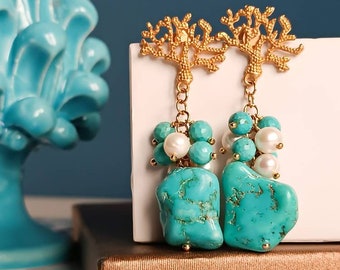 Statement earrings with Turquoise and Pearls