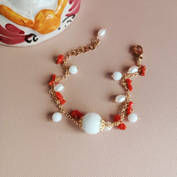 Dainty chain bracelet with red coral branches, freshwater pearls and white stones