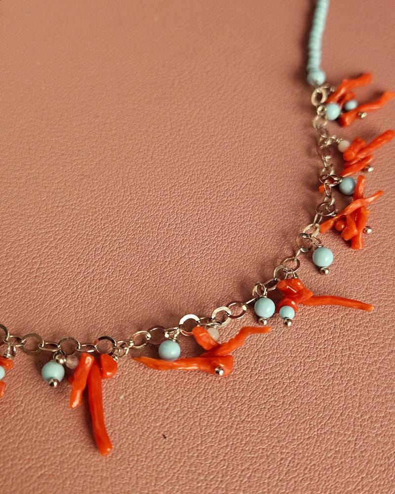 ターコイズと天然赤珊瑚の925シルバーネックレス - Etsy 日本