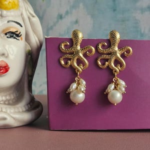 Octopus Earrings with Freshwater Pearls