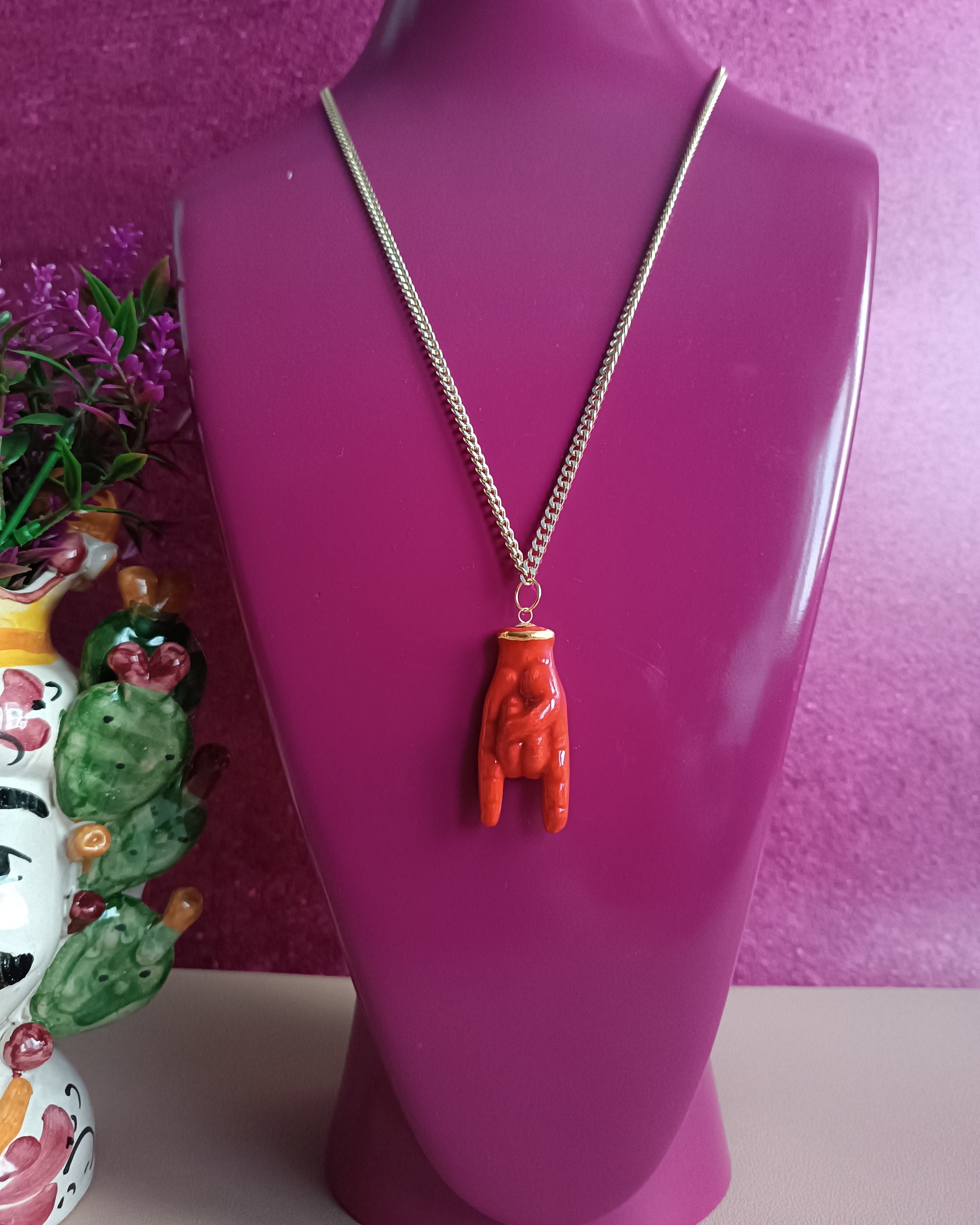 Chain Necklace With Sicily Ceramic Horn Hand - Etsy