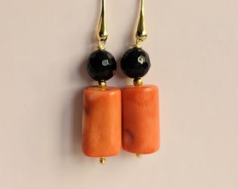 Dangle Earrings with Onyx stones and Orange Bamboo Coral