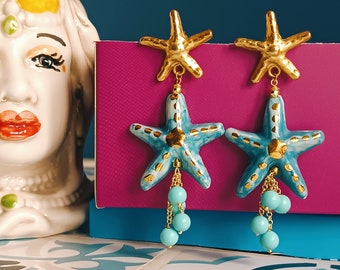 Statement earrings with Sicily Ceramic Starfishes and Turquoise stones