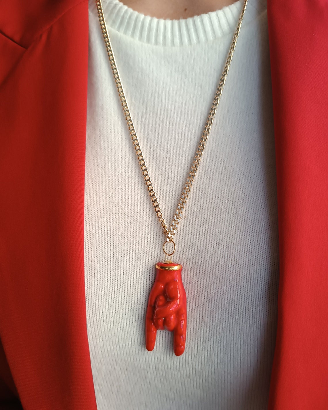 Chain Necklace With Sicily Ceramic Horn Hand - Etsy