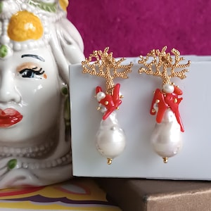 Pearl Drop Earrings with Bamboo Coral