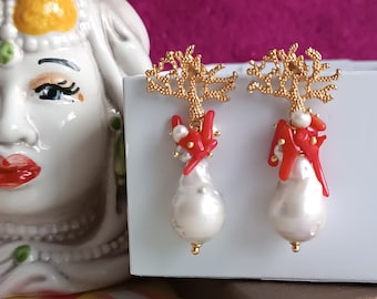 Pearl Drop Earrings with Bamboo Coral