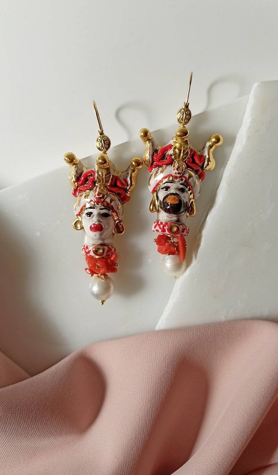 Sicilian Moor Head Earrings With Baroque Pearls - Etsy display picture 1