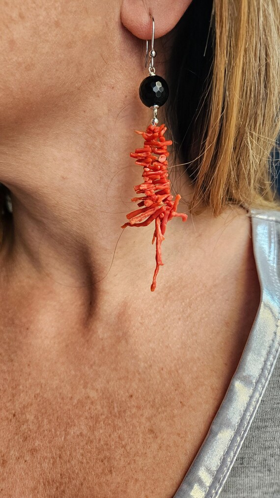 Boucles D'oreilles Pendentifs En Argent 925 Avec Corail Rouge Naturel - Forme Grappe, Artisanal - Pour Femme