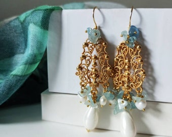 Chandelier Earrings with Mallorca Pearl Drops and Aquamarine Chips