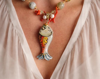 Sicilian necklace with green stones and Sicily Ceramic fish