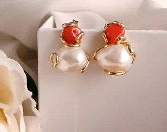 Stud Earrings with Freshwater Pearls and Mediterranean Coral